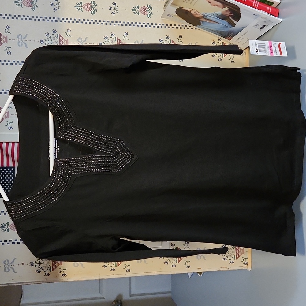 NWT Charter Club 3/4 Women's Size P/ P  Black shirt Sequined